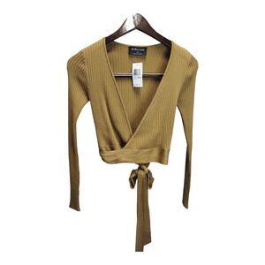 MINKPINK Juniors Women's Knit Faux Wrap Sweater Top Long Sleeve Gold Size S NEW